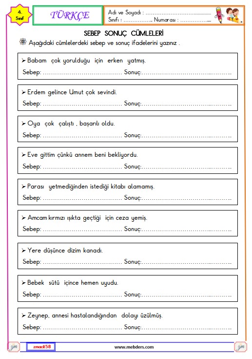 4. Sınıf Türkçe Sebep ve Sonuç Cümleleri Etkinliği 2